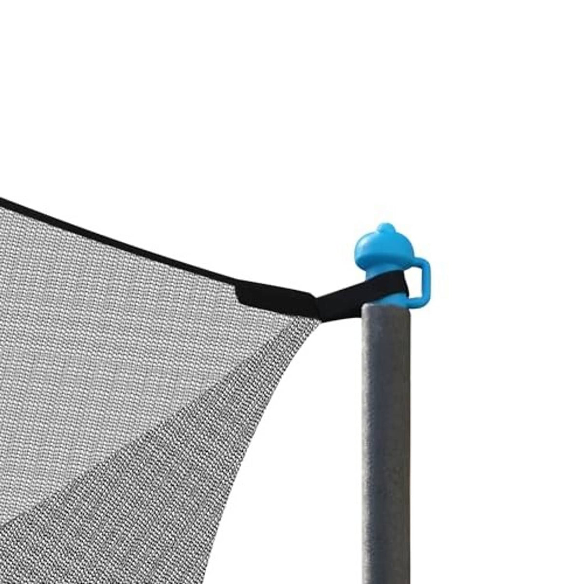 Trampoline enclosure net corner with black mesh and blue-topped attachment pole