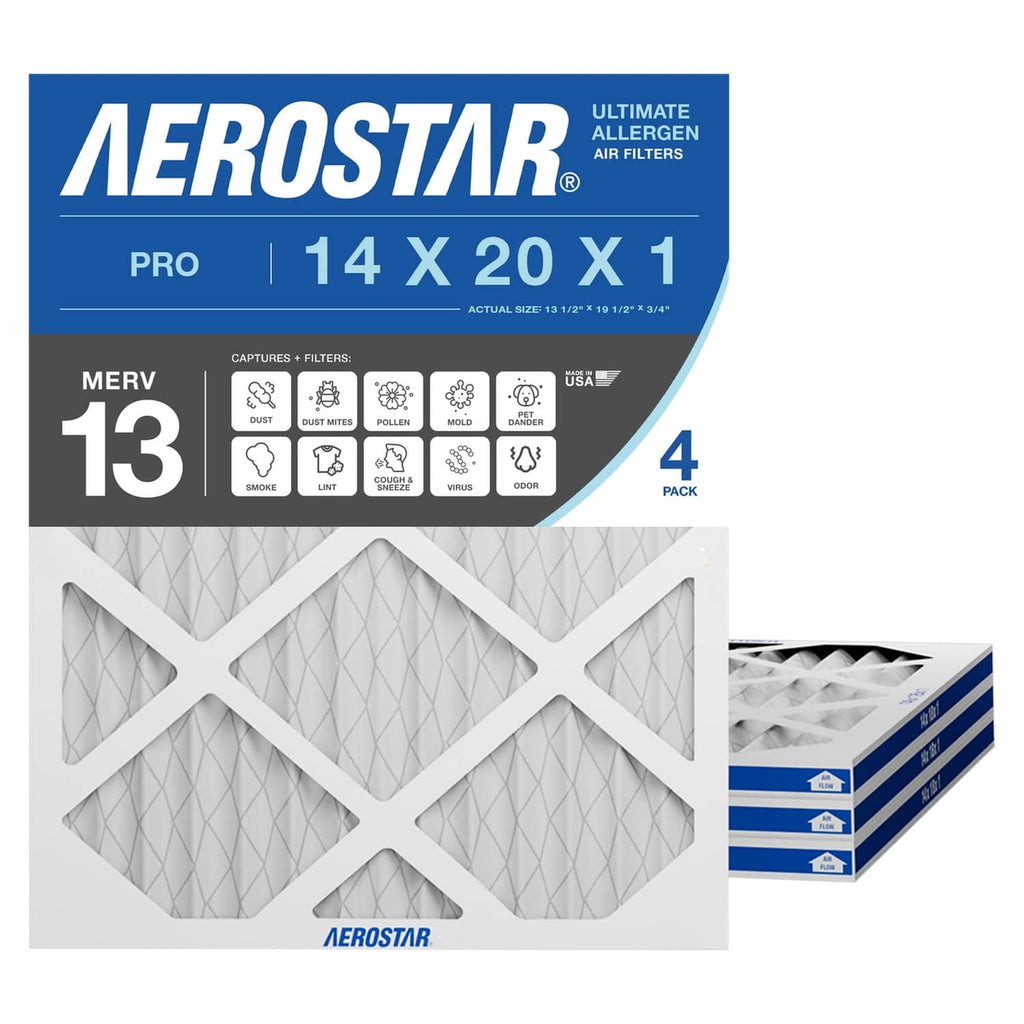 HVAC air filter 14x20x1 MERV 13, white pleated media, 4-pack set