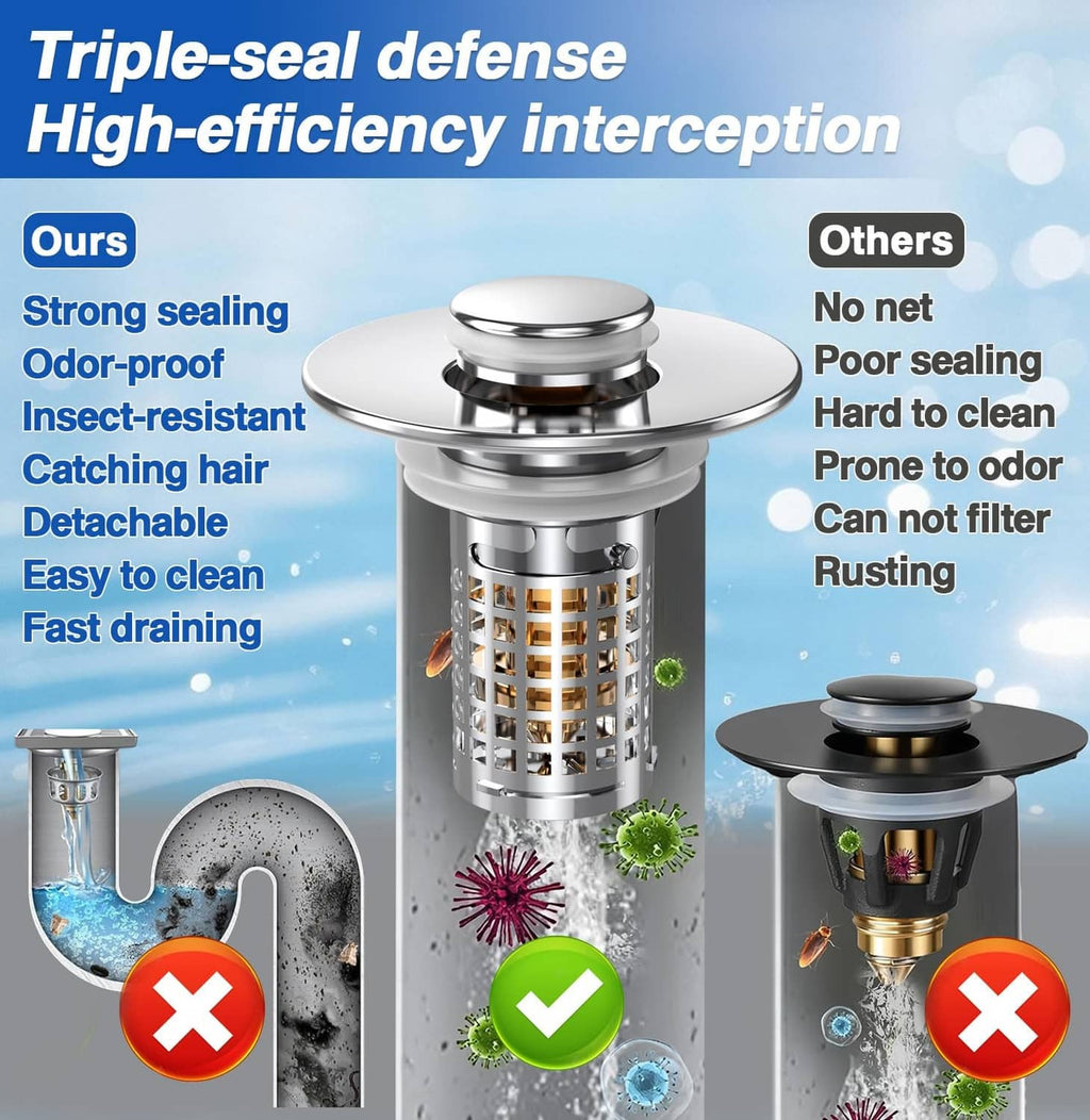 Pop-up sink drain strainer with chrome cap and copper-toned square mesh filter
