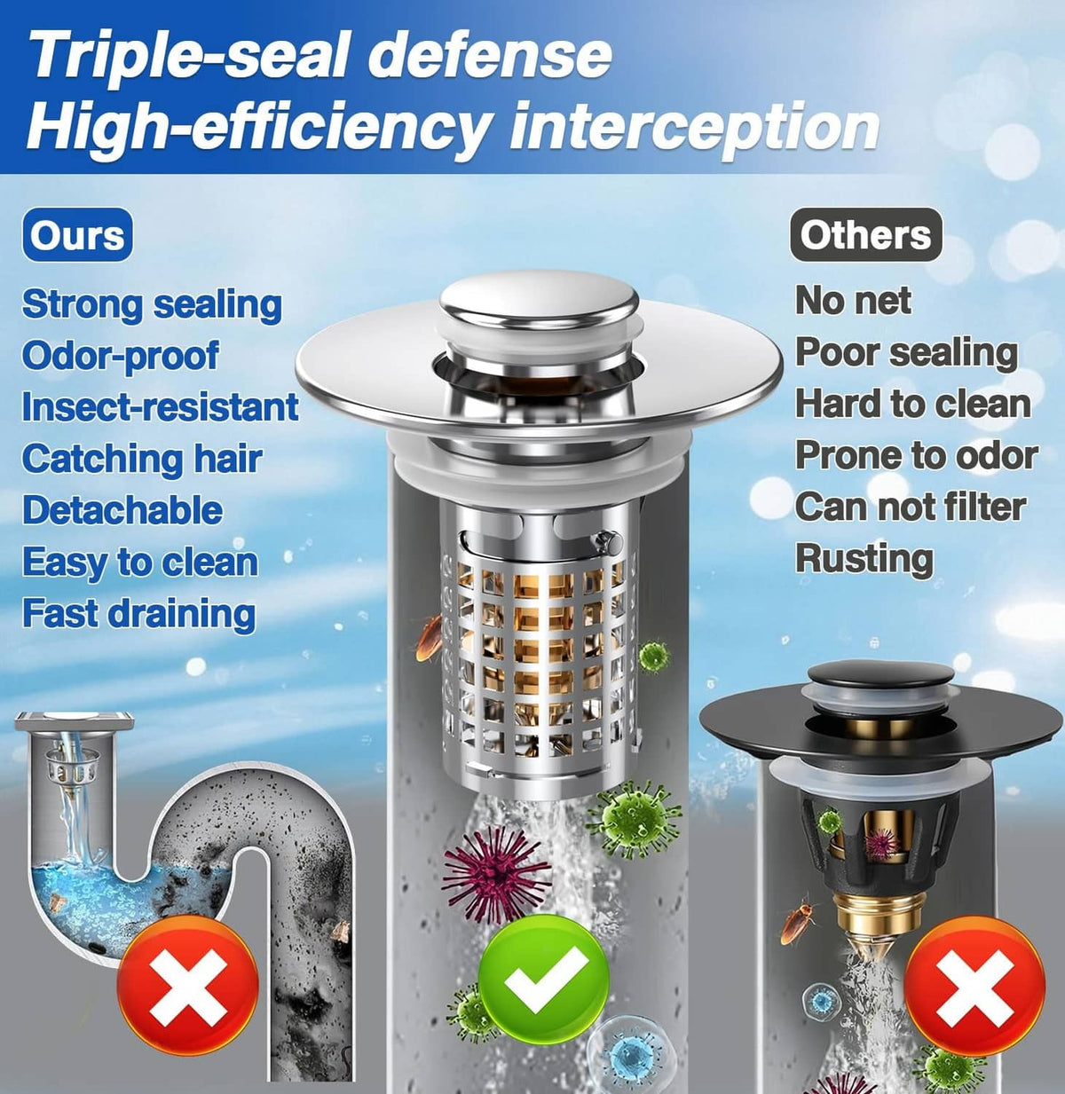 Pop-up sink drain strainer with chrome cap and copper-toned square mesh filter
