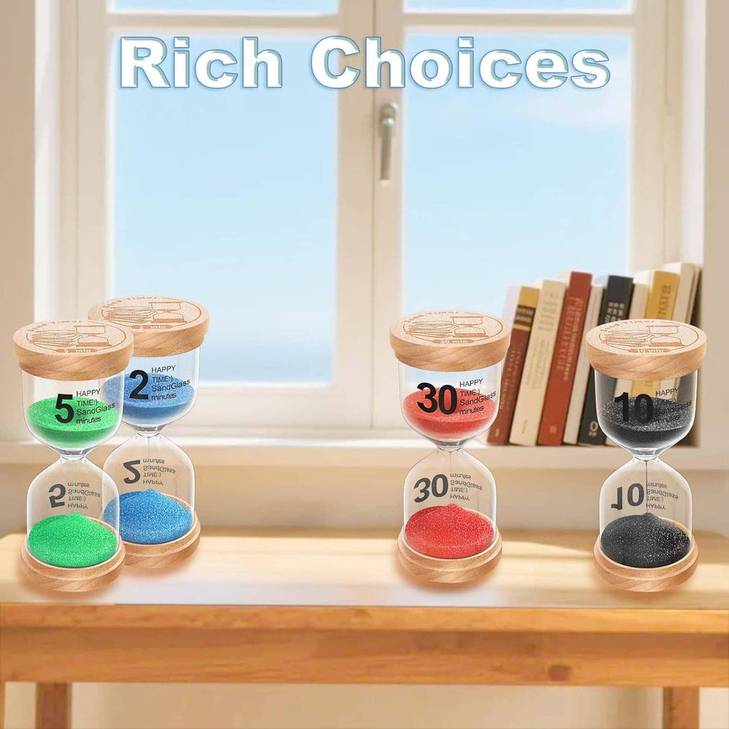 Small wooden hourglass sand timer with blue sand, shown among other timers