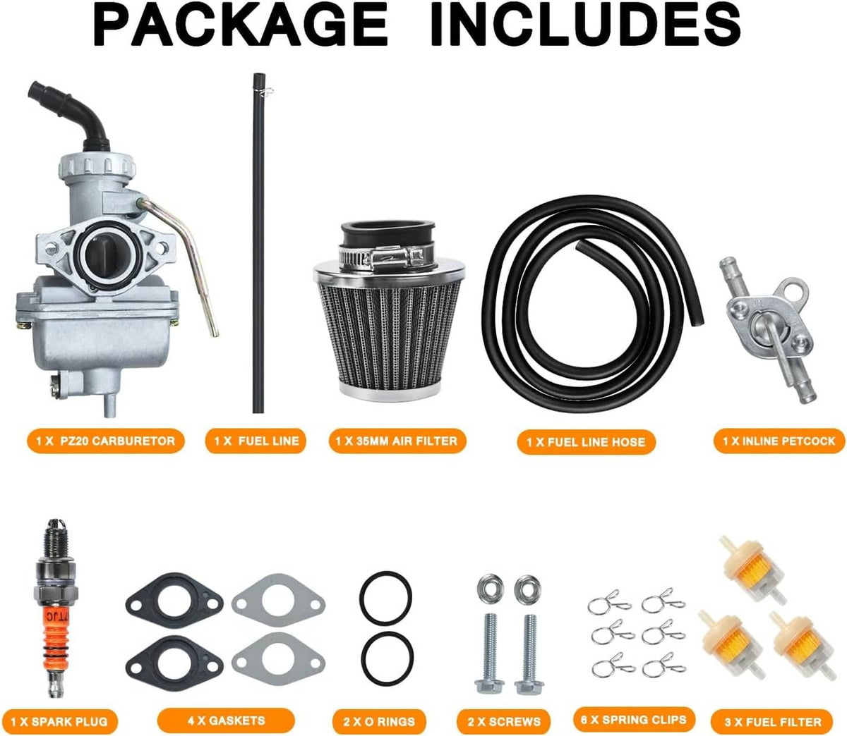 Carburetor and air filter kit components: black hoses, spark plug, rings, gaskets, screws