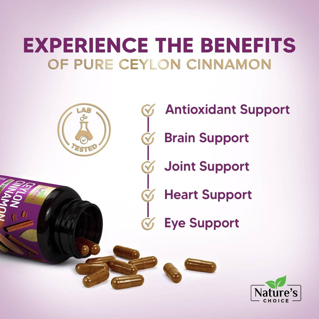 Ceylon cinnamon capsules bottle with listed benefits: antioxidant, brain, joint, heart, and eye support.