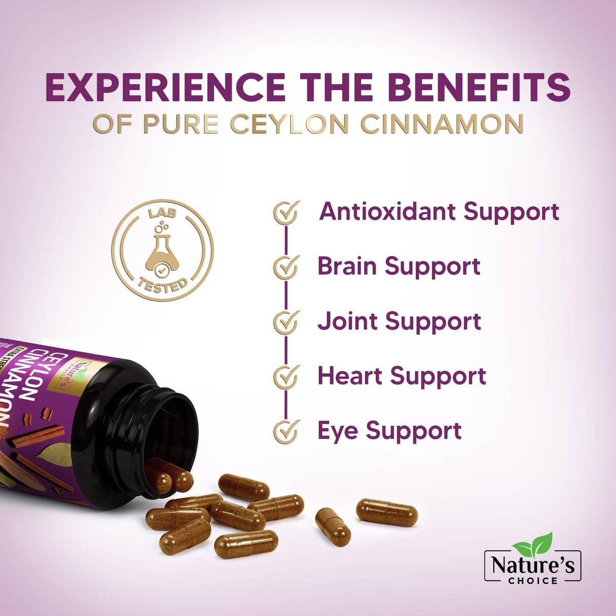 Ceylon cinnamon capsules bottle with listed benefits: antioxidant, brain, joint, heart, and eye support.