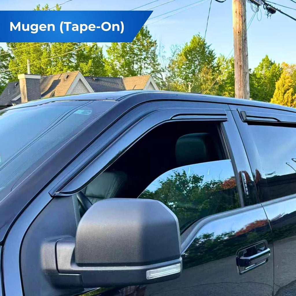 Glossy black window visor rain guard installed on a car side window