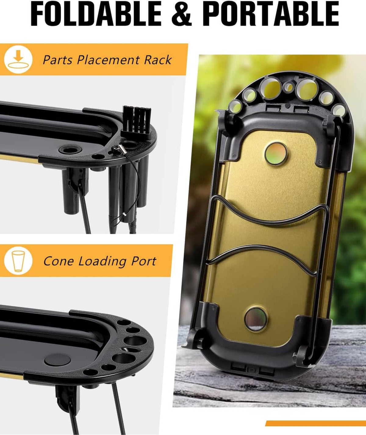 Foldable rolling machine with cone loading port and parts placement rack