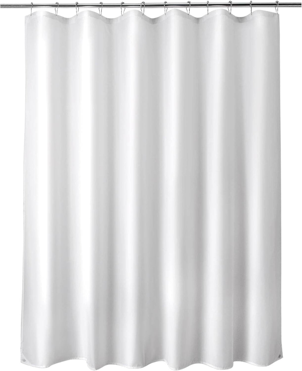 White shower curtain liner fabric with metal grommet hooks and vertical pleats.