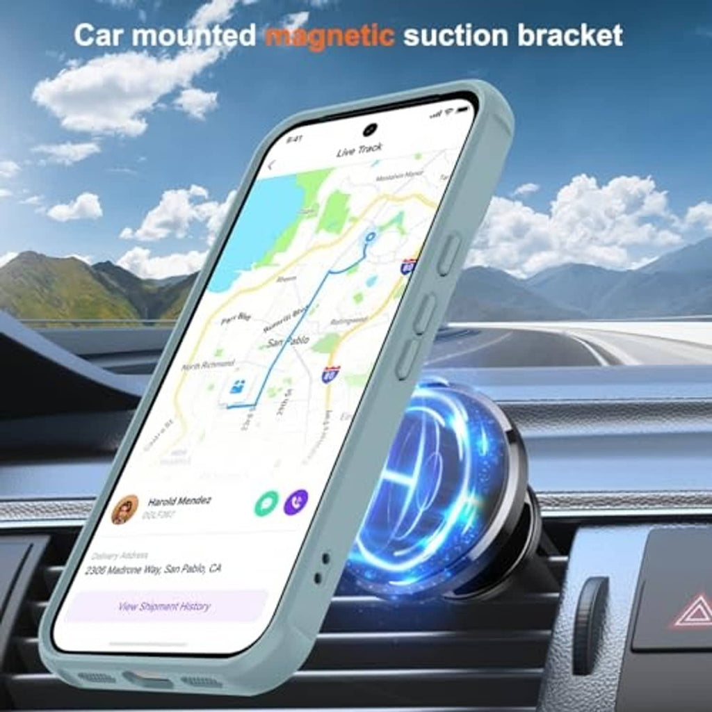 Teal phone case with ring kickstand and magnetic car mount for holding