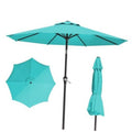 Turquoise outdoor patio umbrella with teal fabric canopy and black tilt crank