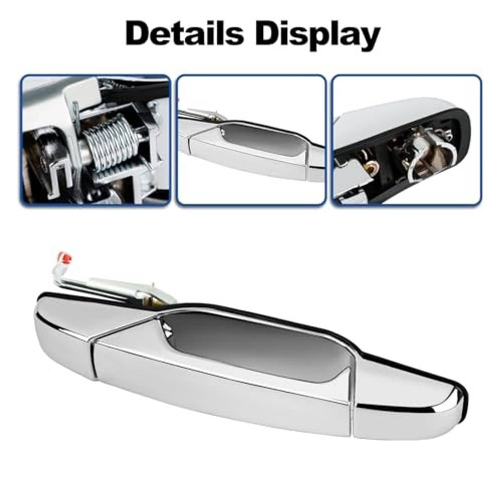 Chrome exterior door handle, close-up view of lever with visible latch interior details