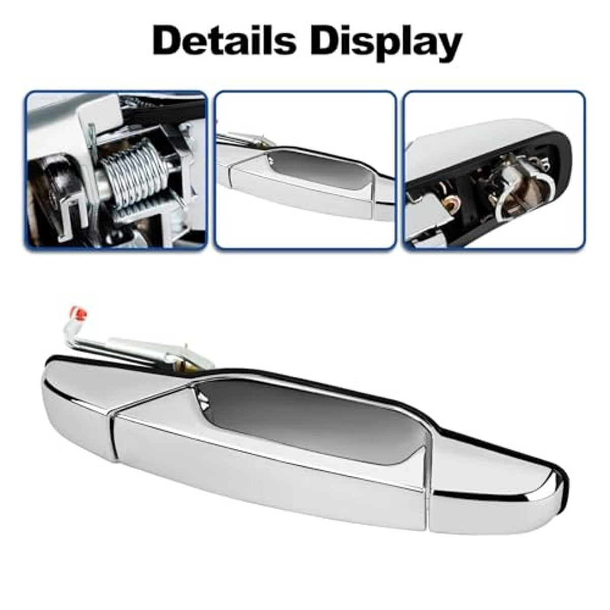 Chrome exterior door handle, close-up view of lever with visible latch interior details