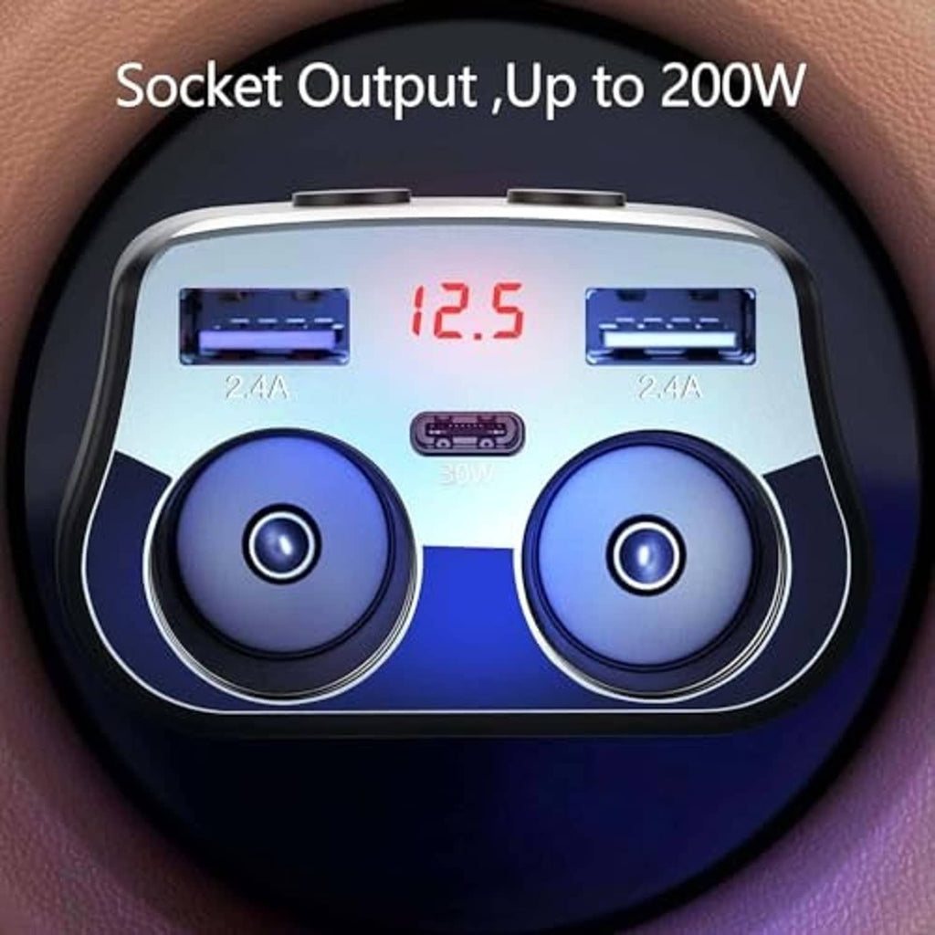 Car charger adapter close-up with 12.5 red display, two blue glowing ports and dual buttons