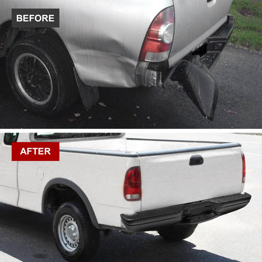 Black rear step bumper installed on pickup truck with textured step cover