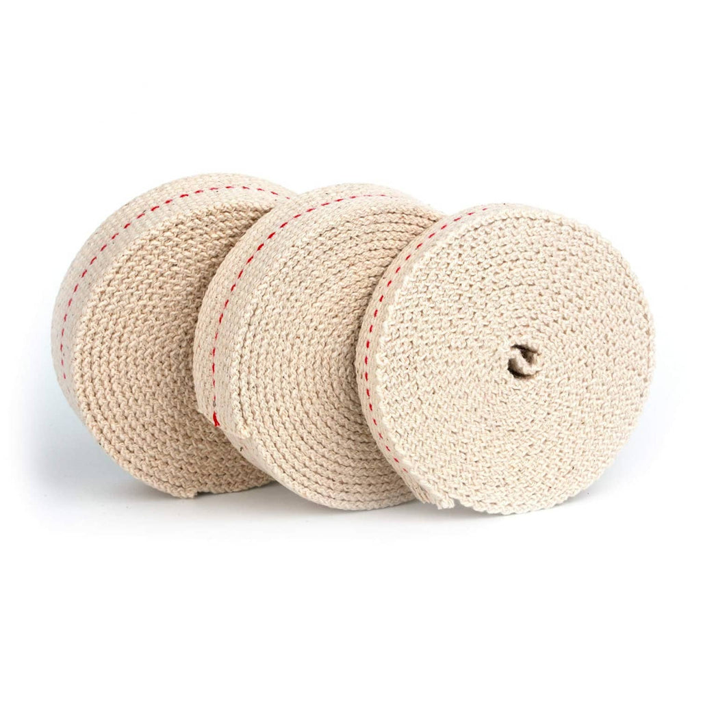 Circular oil lamp wick rolls, beige woven fabric with red stitched seam lines