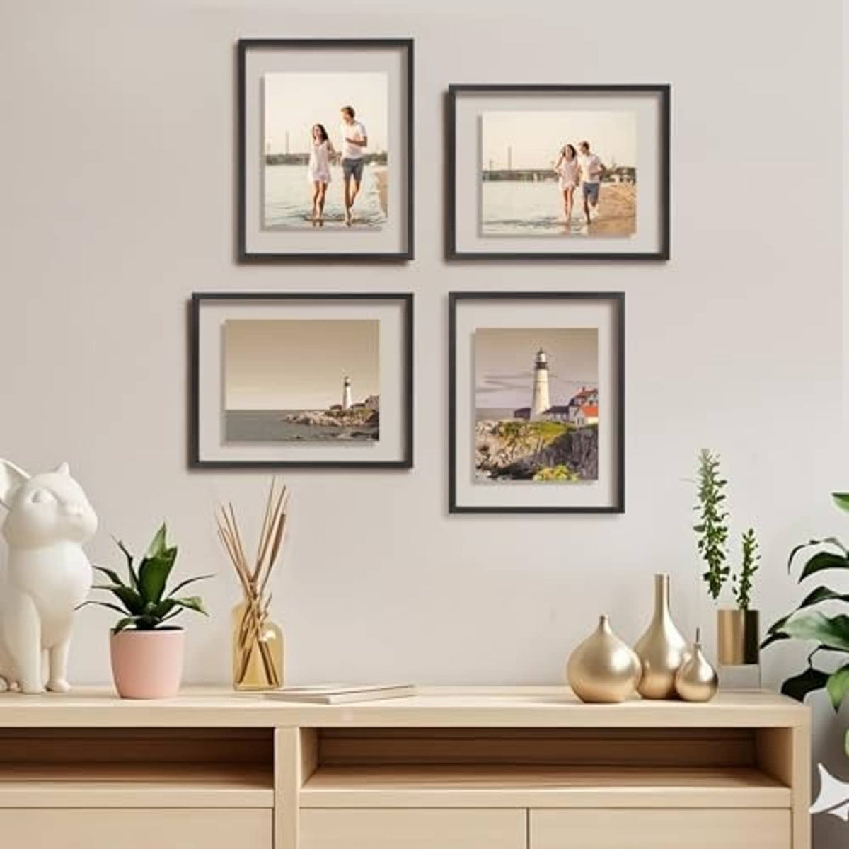 Four faded black floating frames, double-plexiglass, wall display with multiple photos