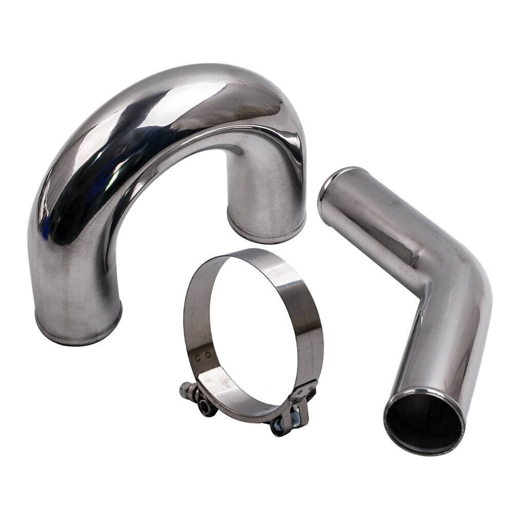 Polished aluminum intercooler piping elbows with silver clamps and coupler rings