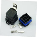4-pin waterproof car relay with mounting bracket, blue connector, and wire terminal pieces
