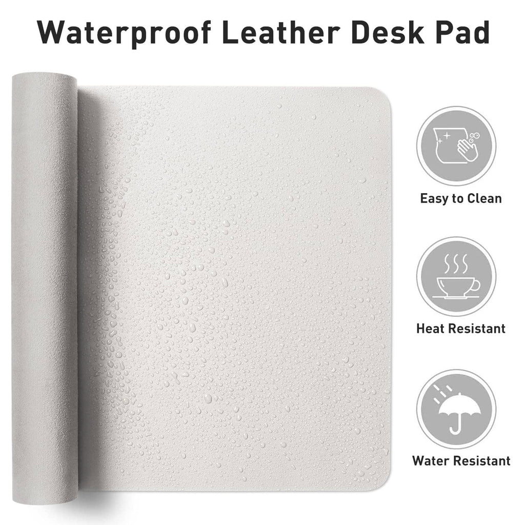 Off-white waterproof leather desk pad protector with raised roll edge detail.