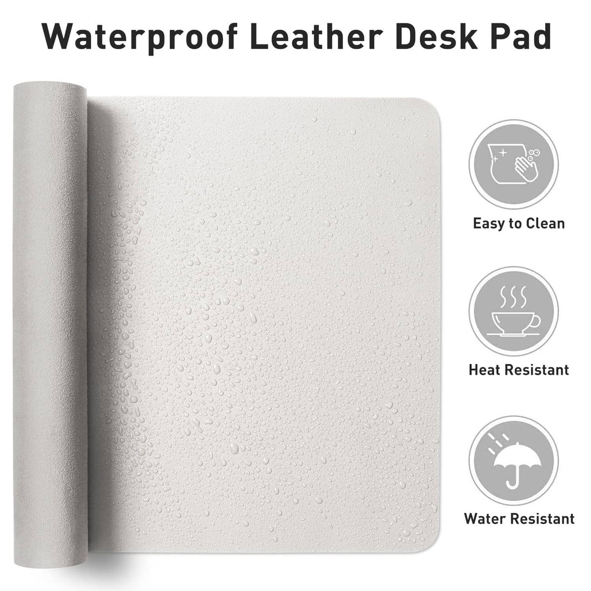 Off-white waterproof leather desk pad protector with raised roll edge detail.