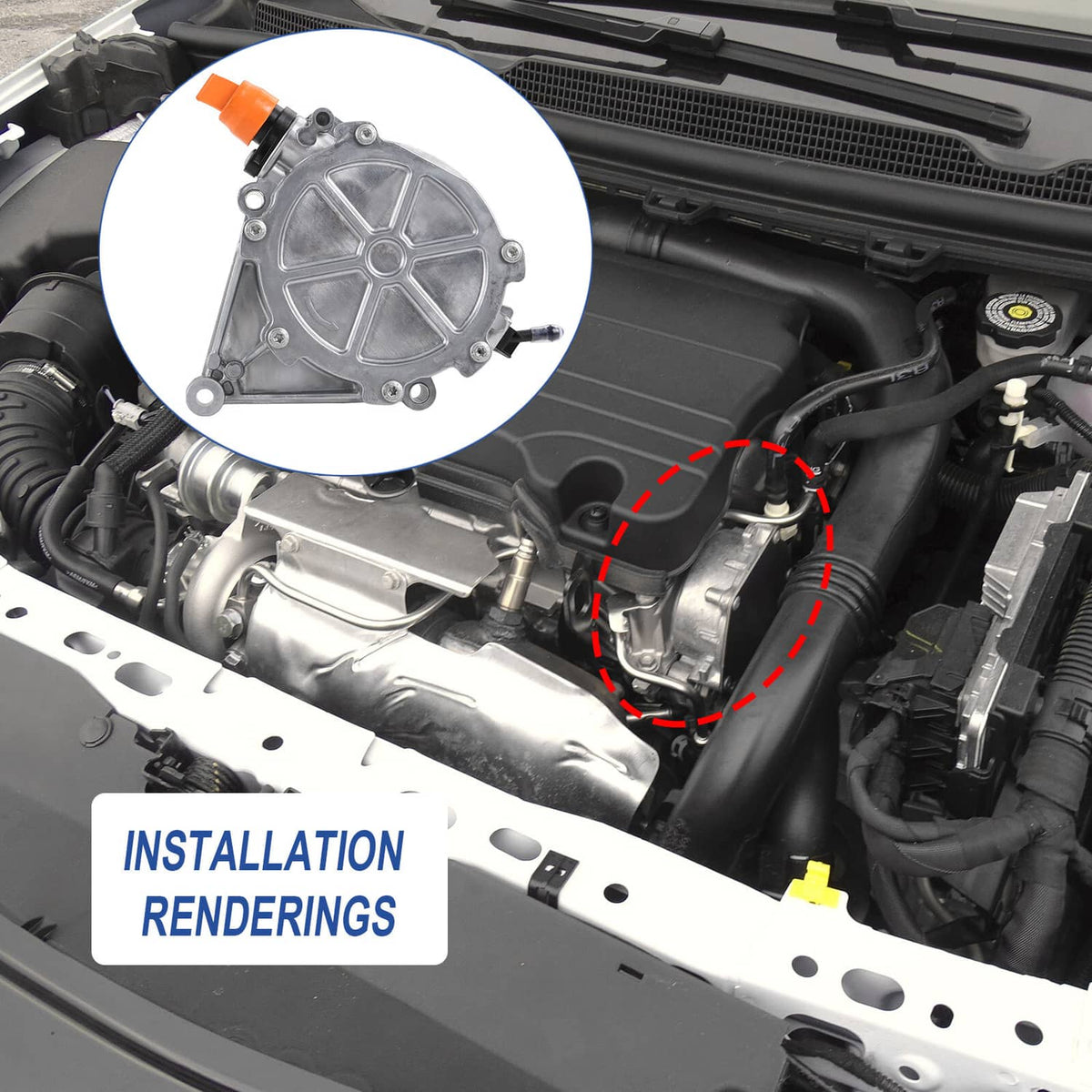 Vacuum pump shown installed in engine bay, with orange outlet highlighted
