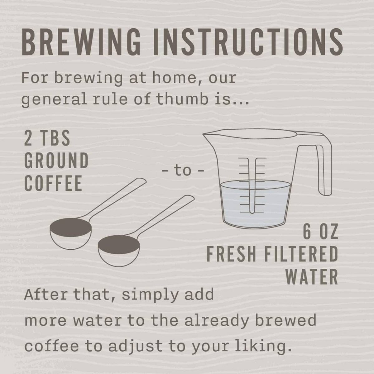 Brewing instructions label graphic with 2 tbsp ground coffee and fresh filtered water