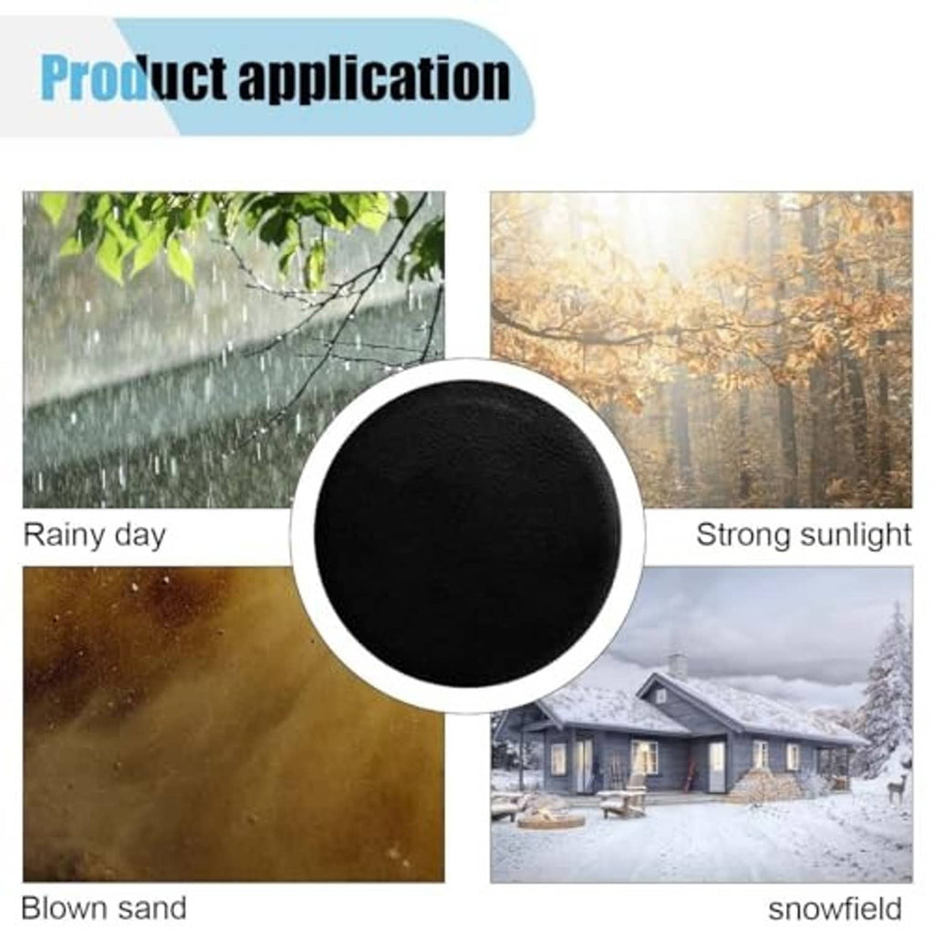 Black spare tire cover shown in rainy, sunny, sand, and snow scenarios