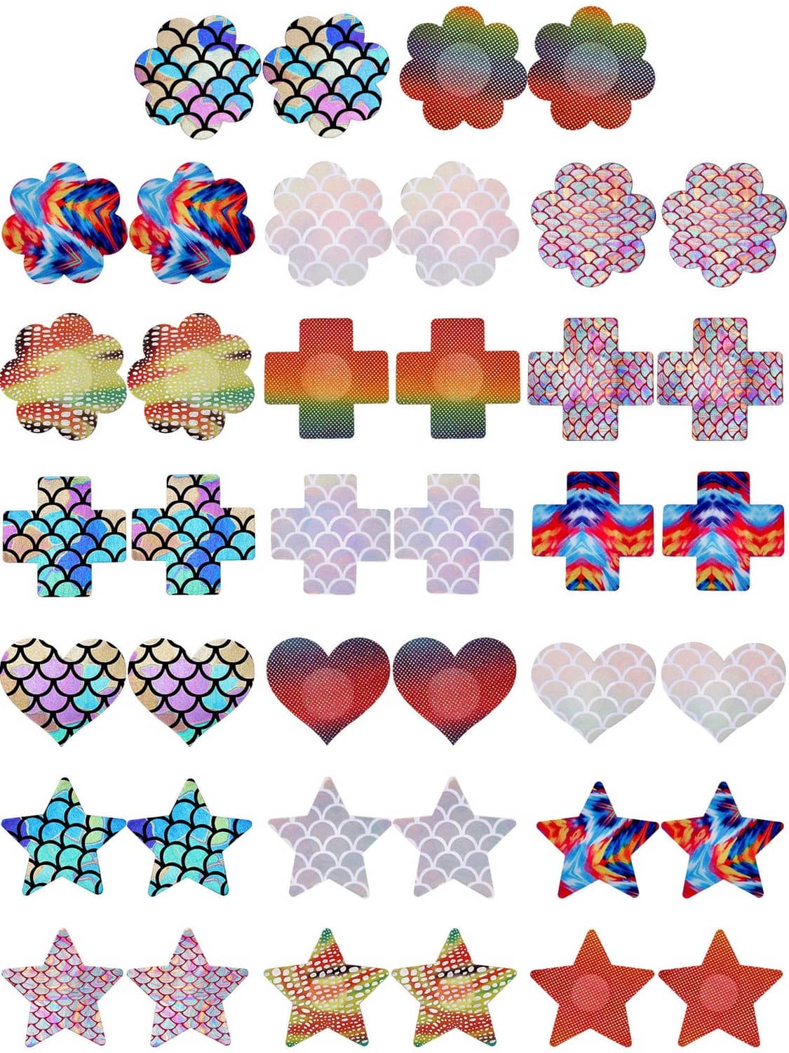 Glitter adhesive nipple covers assortment of hearts, stars, flowers, and mermaid scales (20 pairs)