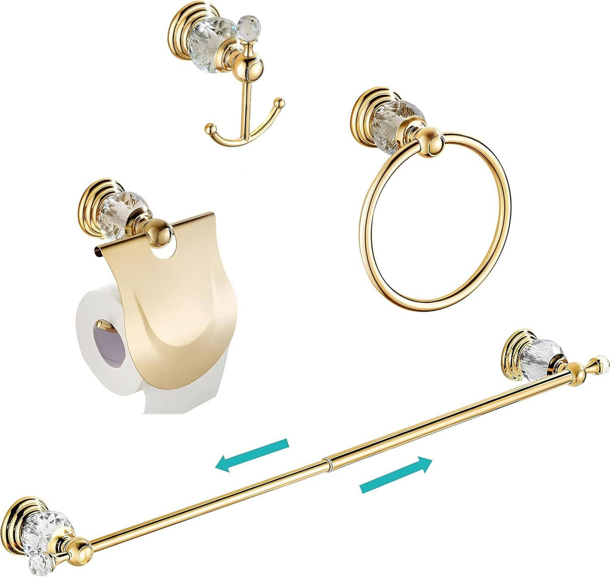 Gold bathroom towel accessory set with crystal knobs, ring, bar, and toilet paper holder