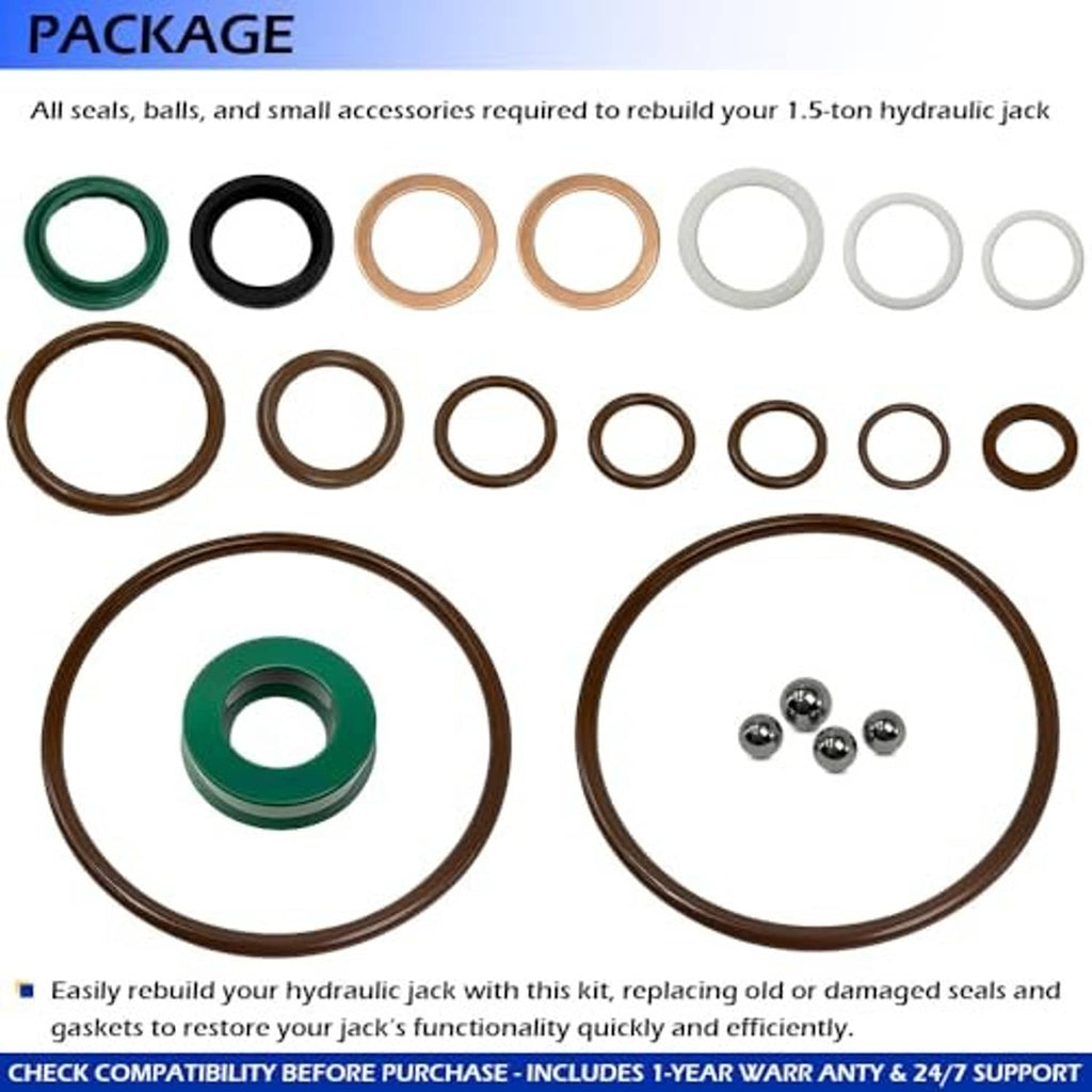 Hydraulic floor jack seals kit package with O-rings, seals, and steel balls