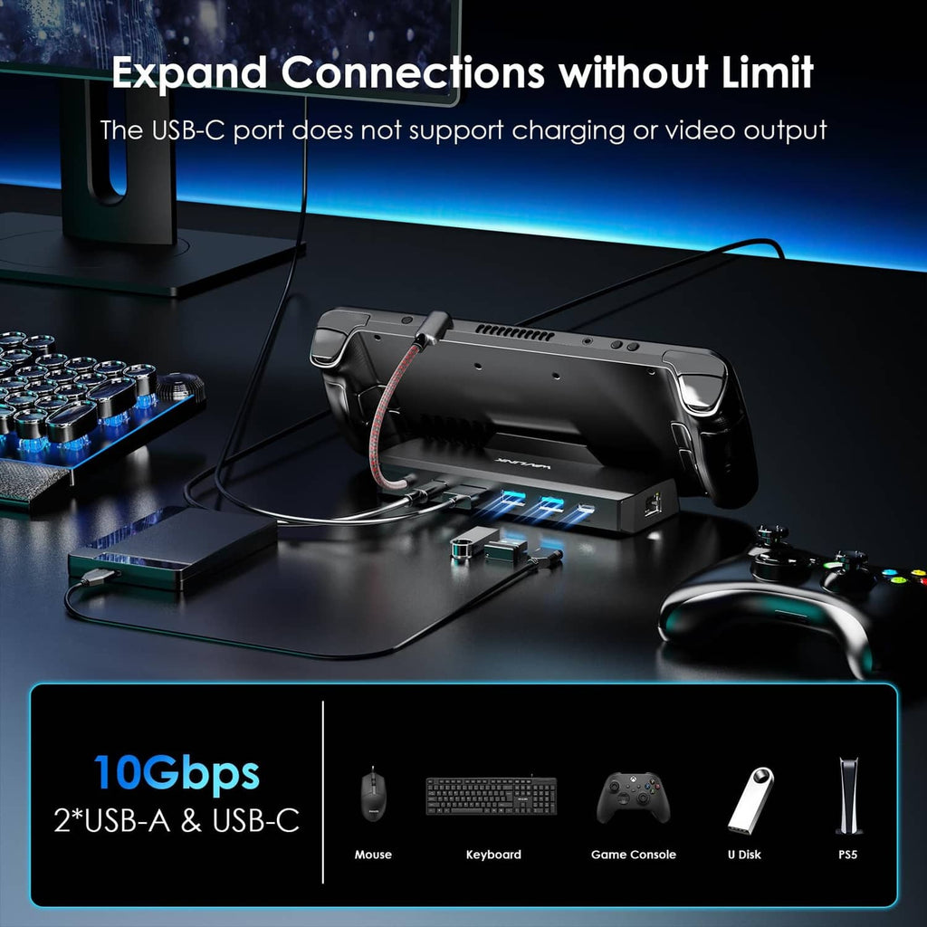 Black docking station expanding connections with front USB and HDMI ports