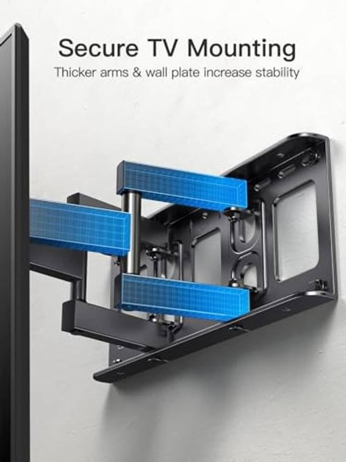 Black TV wall mount showing thick arms and large wall plate for secure mounting.