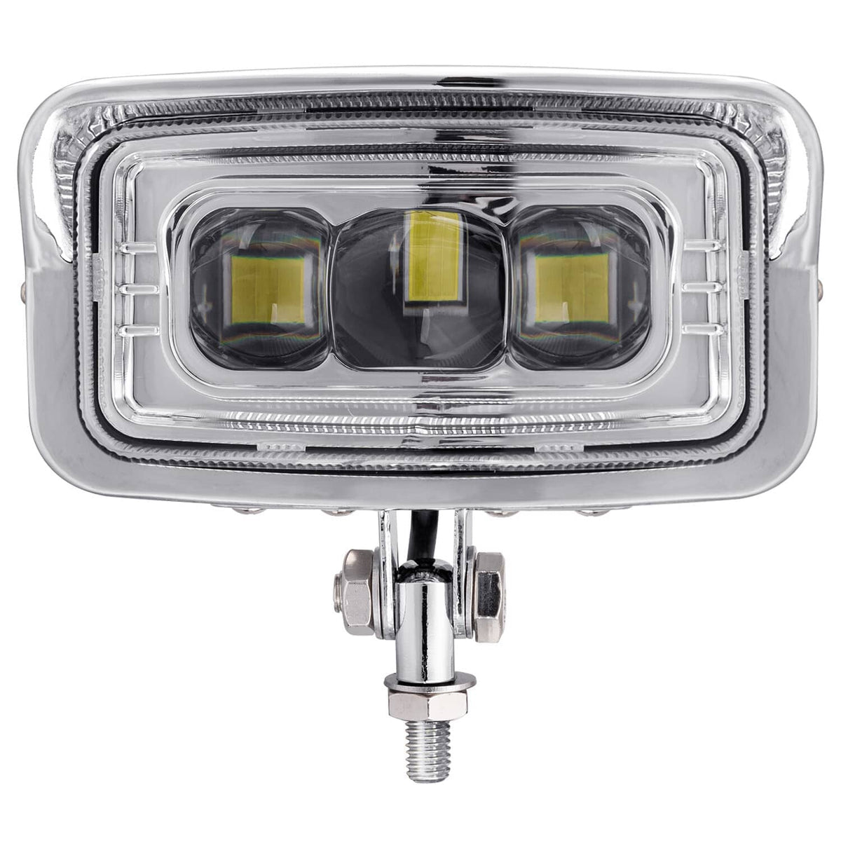 Rectangular front LED headlight with three yellow-tinted LED windows and chrome housing