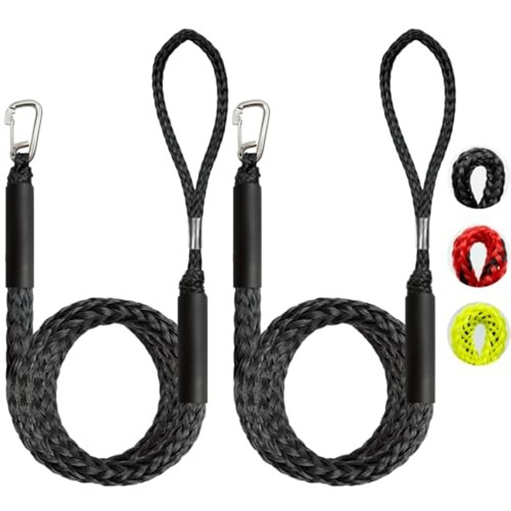 Black braided bungee rope dock lines with silver spring clips and extended loops