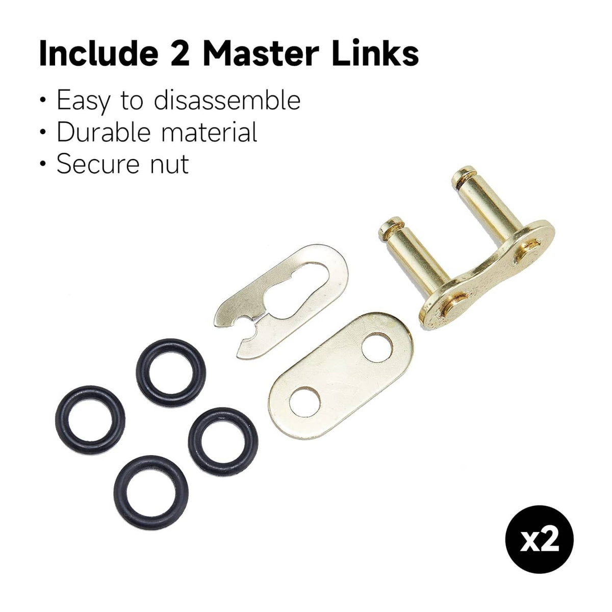 Motorcycle chain master link set: two pins, master plates, and O-ring seals