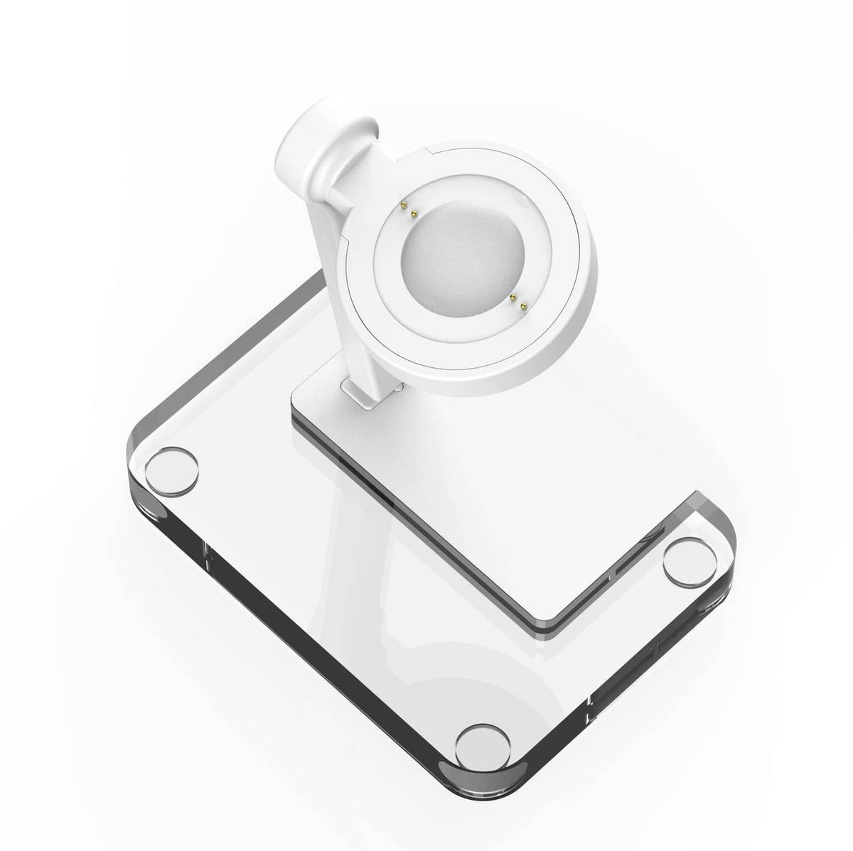 White and clear 4-pin smartwatch charging stand base with angled charging mount.