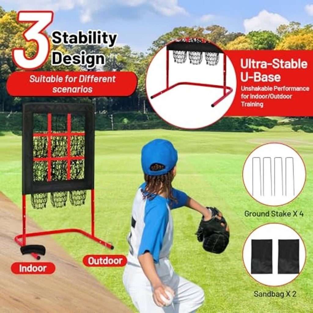 Stable pitching net with red U-base frame and black strike grid netting