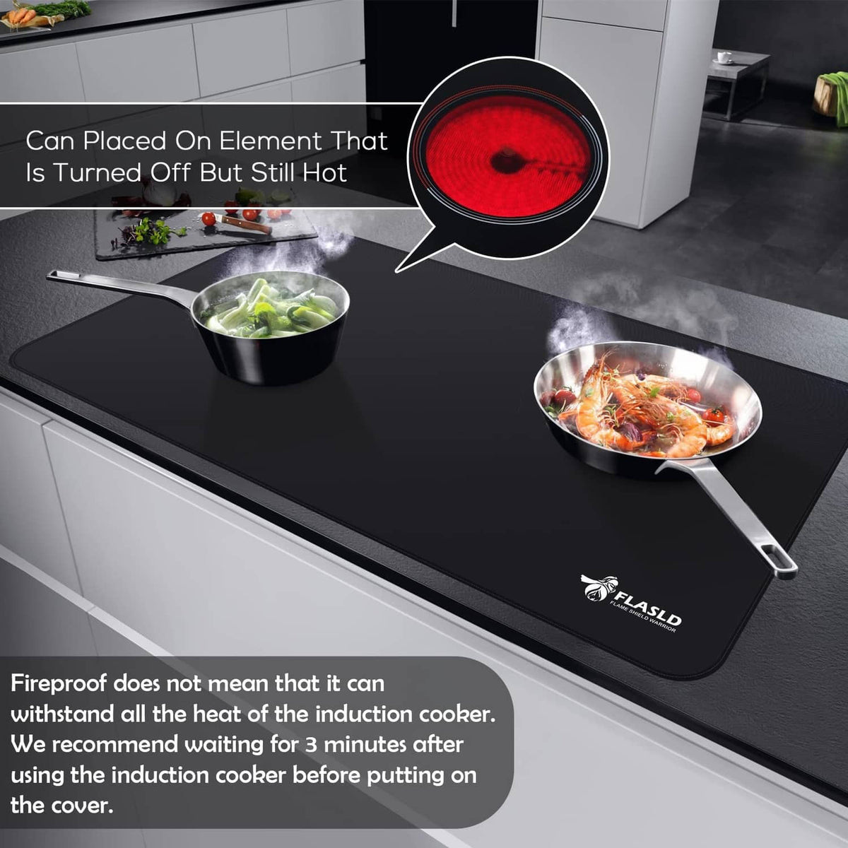 Black stove top cover on a still-hot burner with steam rising, heat protection