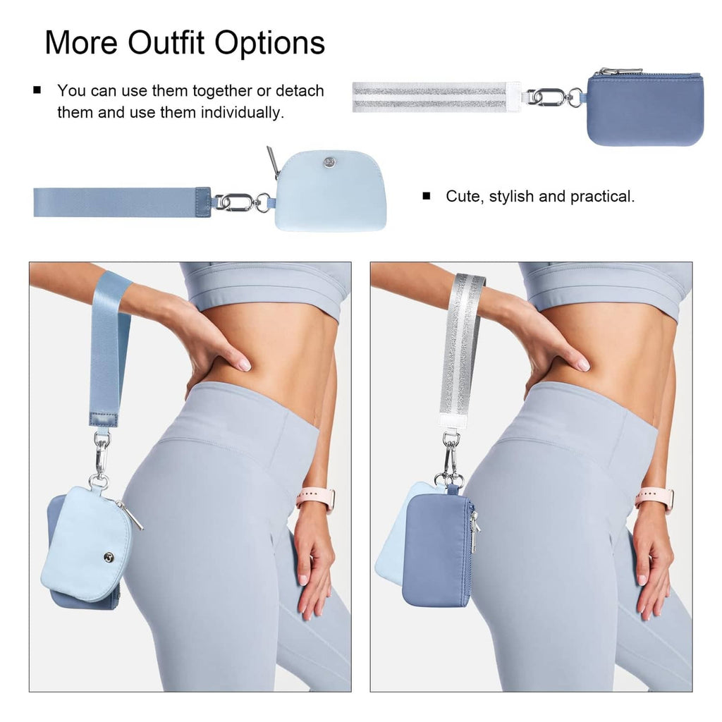 Dual pouch wristlet with two blue zip pouches and detachable wrist strap with keyrings