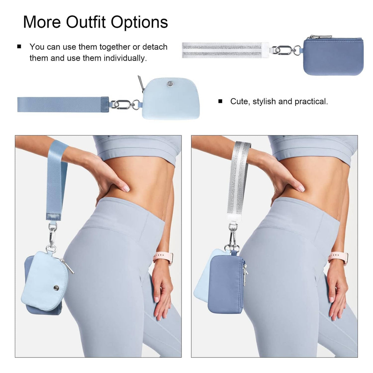 Dual pouch wristlet with two blue zip pouches and detachable wrist strap with keyrings
