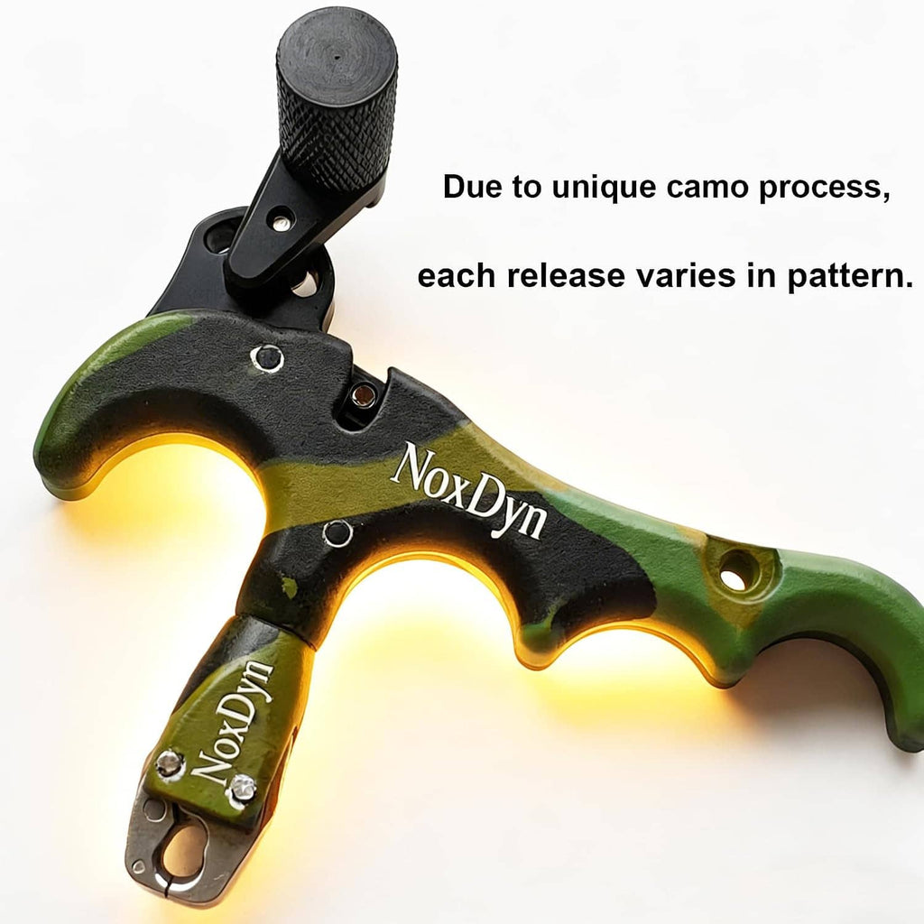 Thumb archery release head and strap, textured black handle, camo green body, NoxDyn