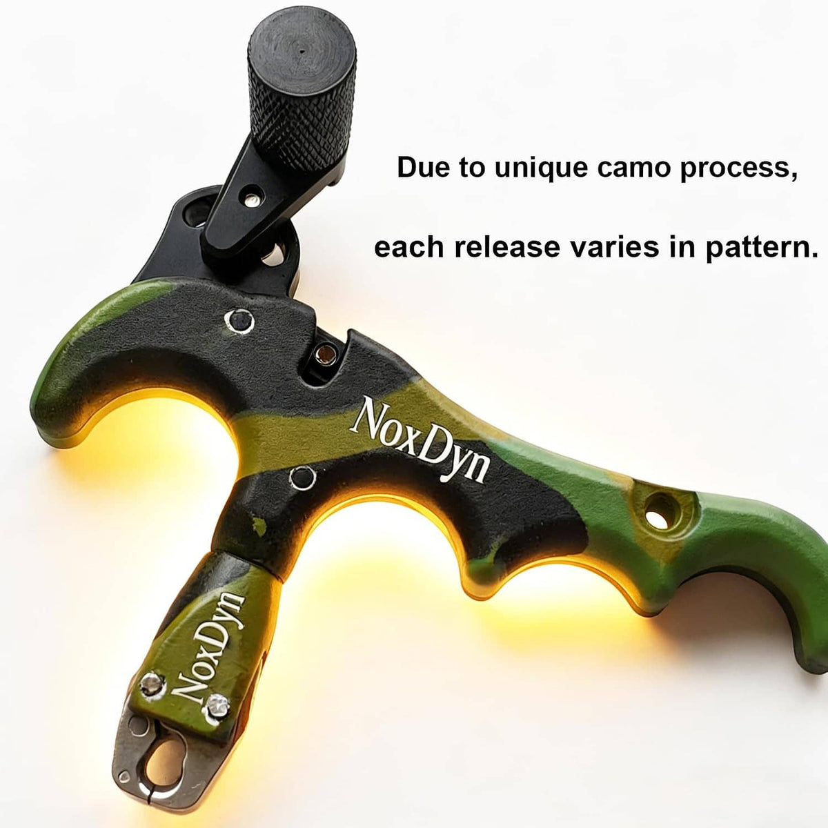 Thumb archery release head and strap, textured black handle, camo green body, NoxDyn