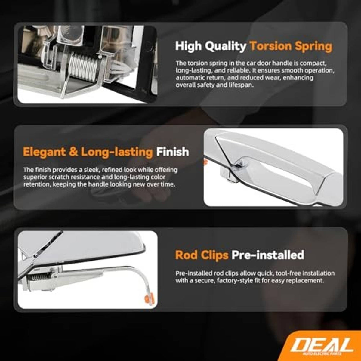 Exterior door handle with reinforced finish and pre-installed rod clips detail