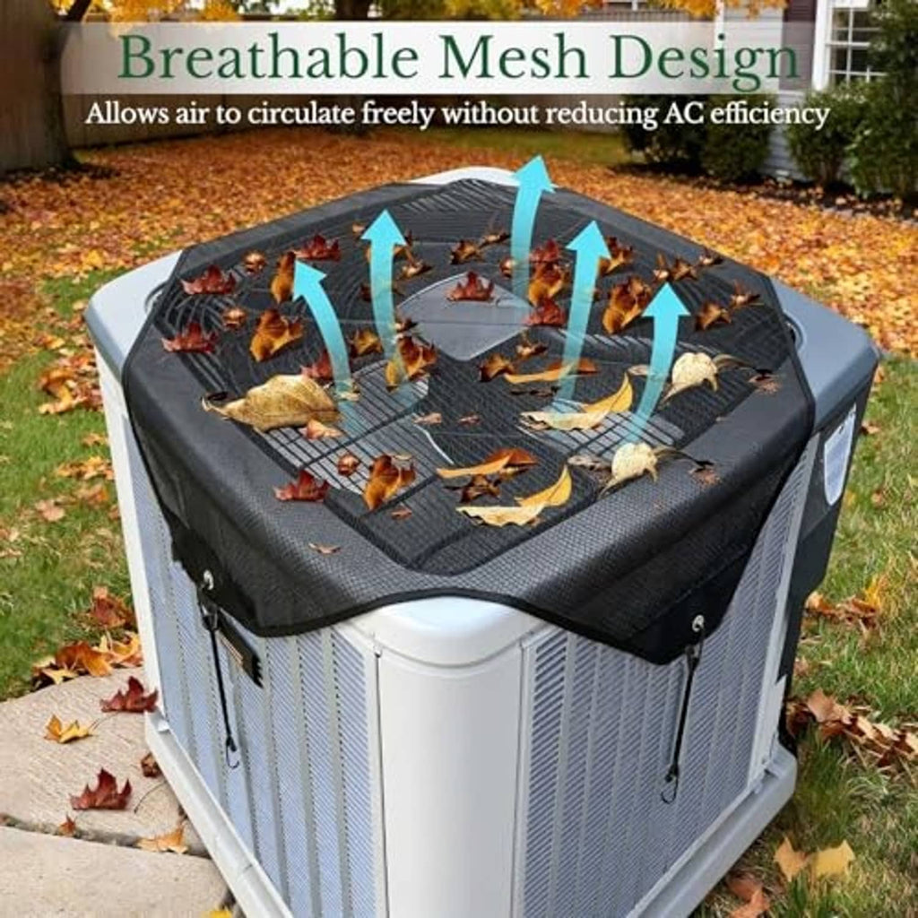 Black mesh AC outdoor unit cover with straps, protecting the top fan area