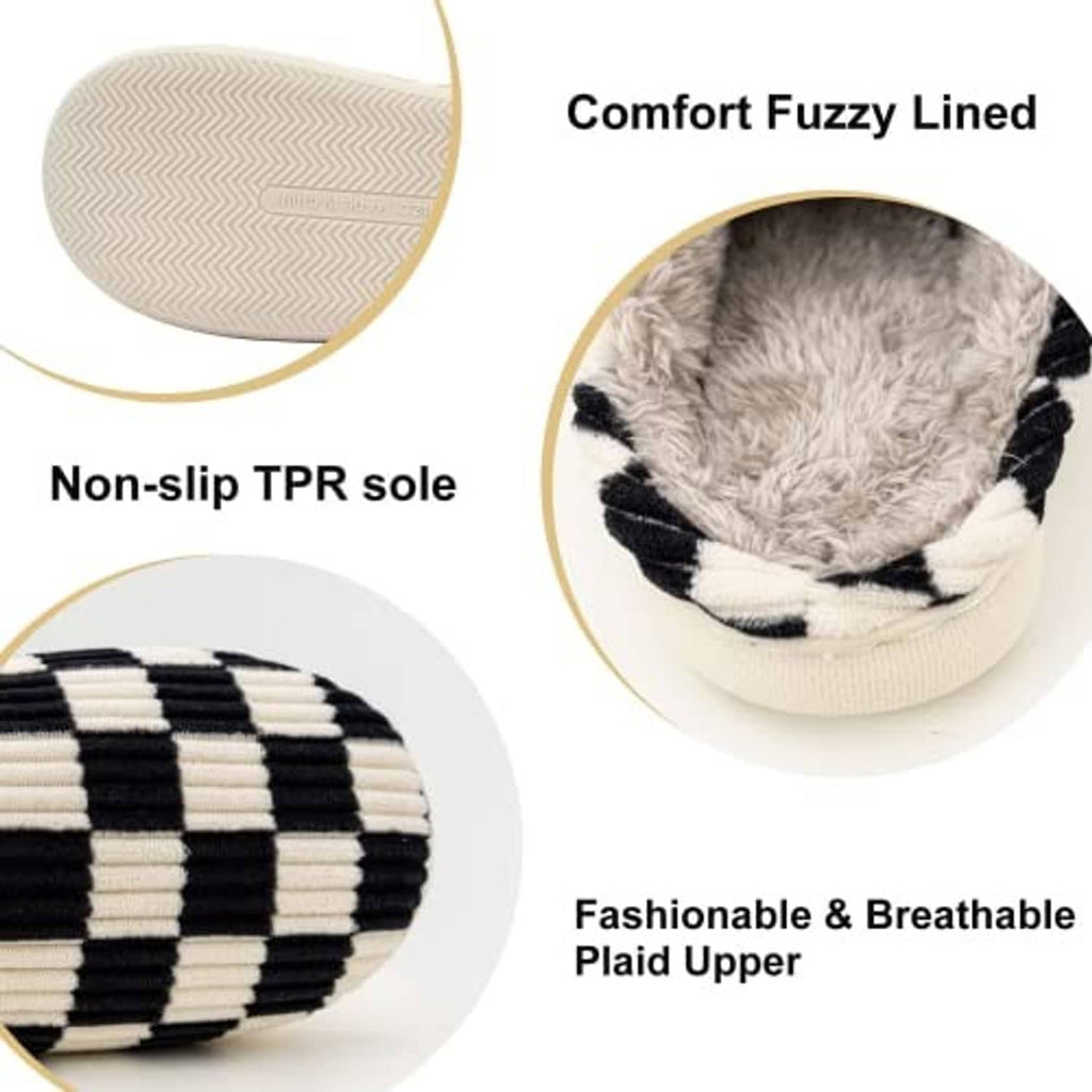 Fuzzy-lined plaid house slippers with textured sole and black-and-cream check upper
