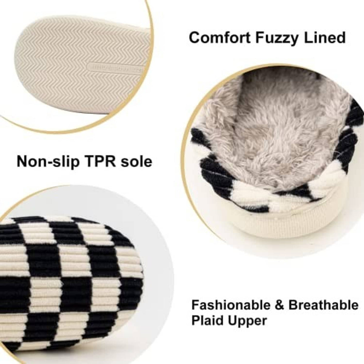 Fuzzy-lined plaid house slippers with textured sole and black-and-cream check upper