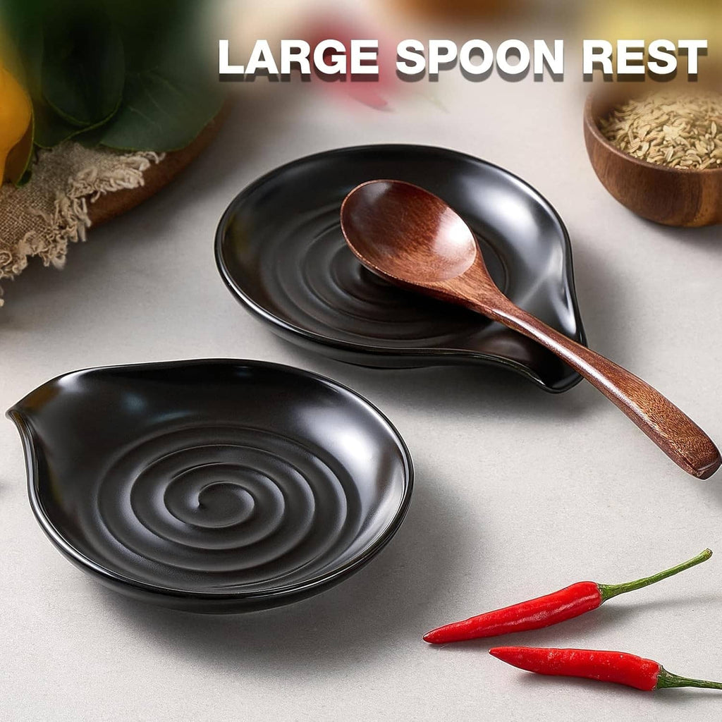 Two-piece set: large black ceramic spoon rest with wooden spoon for kitchen