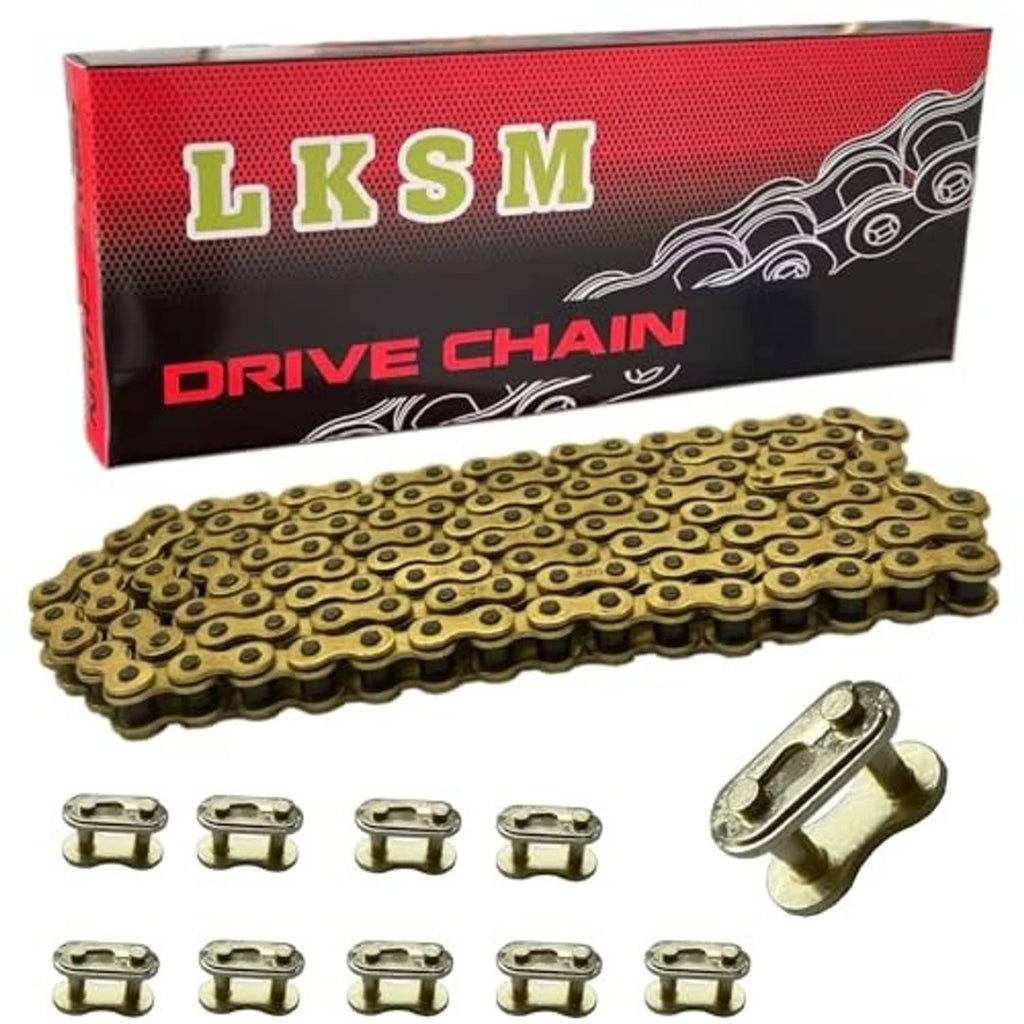 Gold roller chain with spare connecting links and a large master link clip