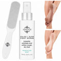 Foot scrub bottle and dual-sided foot file kit with gray abrasive pads and white spray top