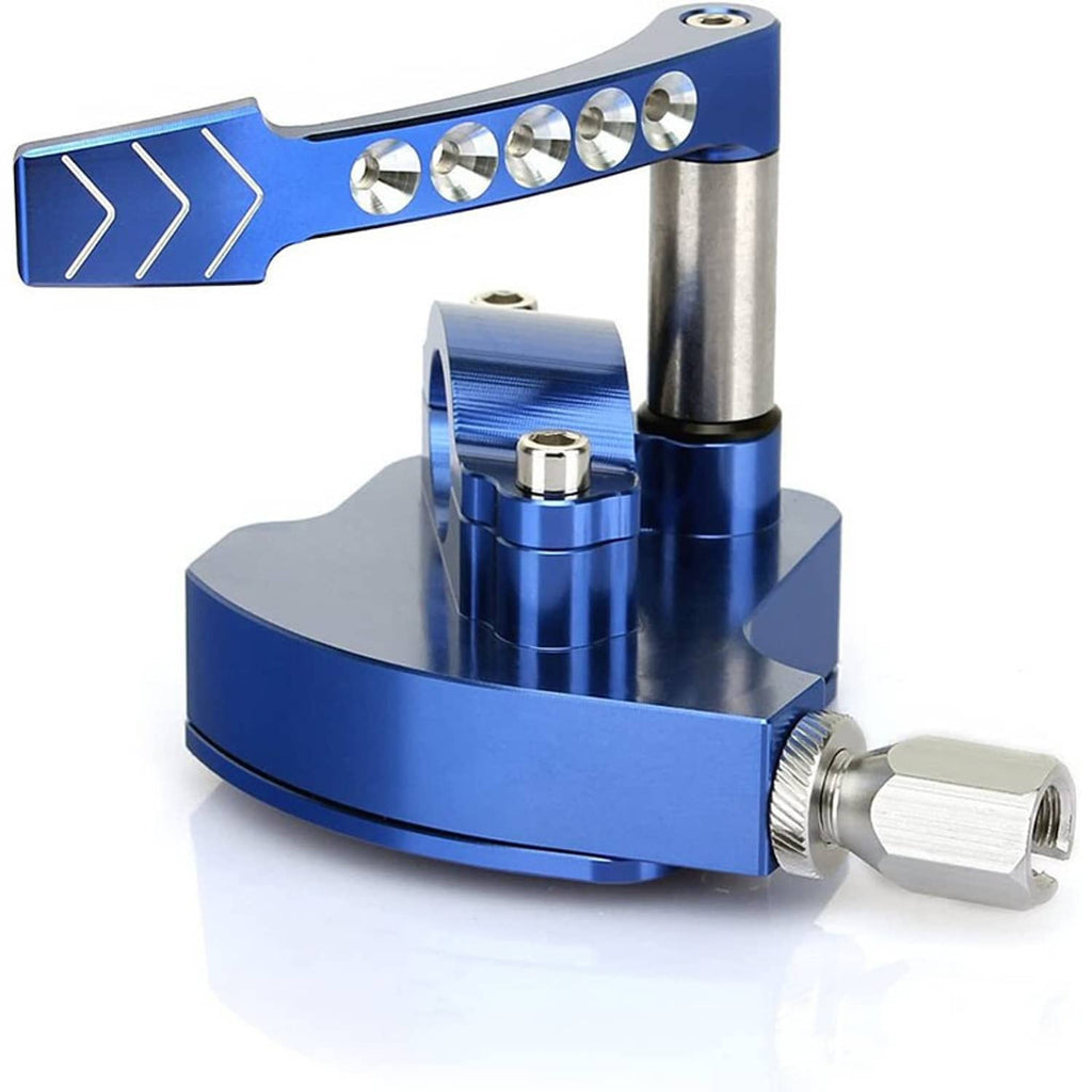 Billet thumb throttle in blue and black with chrome-look button row and silver stem