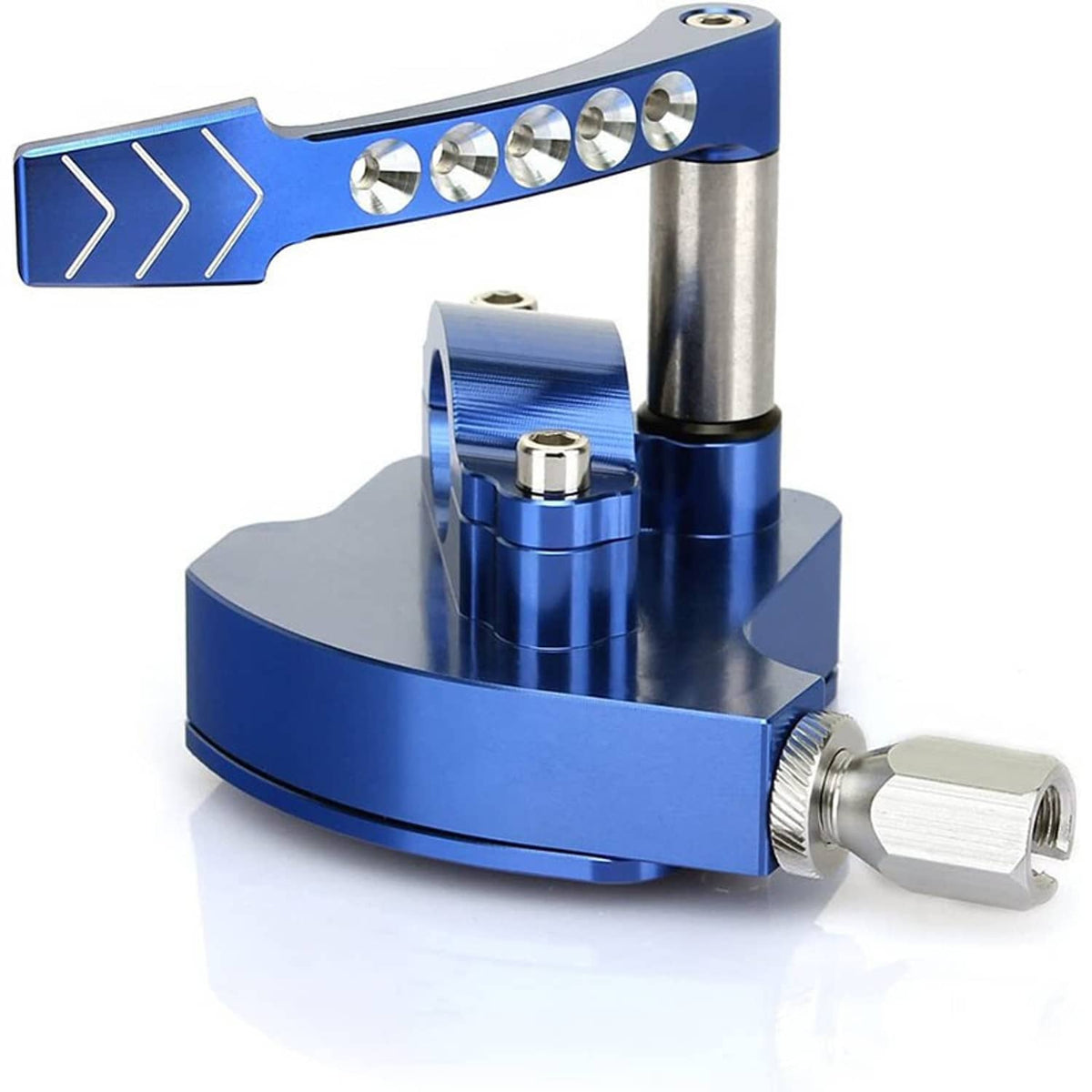 Billet thumb throttle in blue and black with chrome-look button row and silver stem